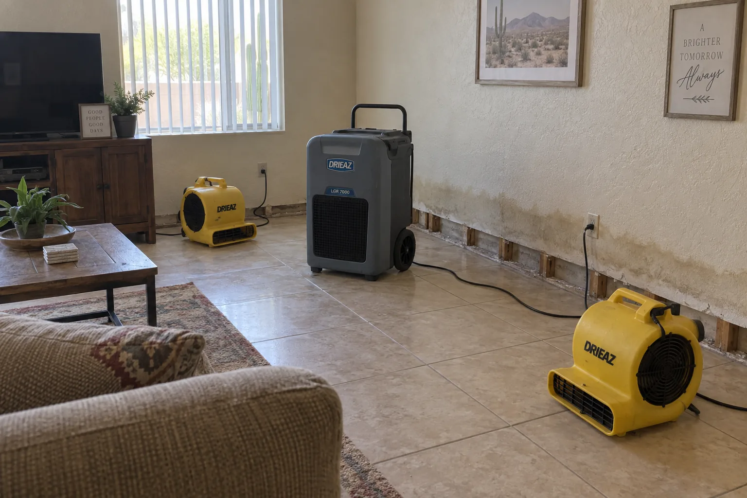 Air movers and a dehumidifier running in a Mesa living room with the baseboard removed along a damp wall