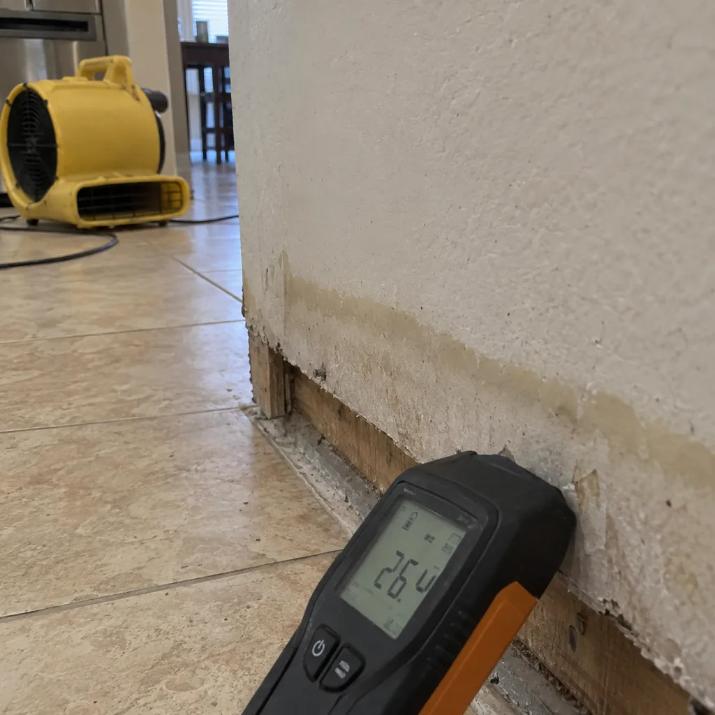 Moisture meter held against the base of a drywall wall in a Mesa home where the baseboard has been lifted