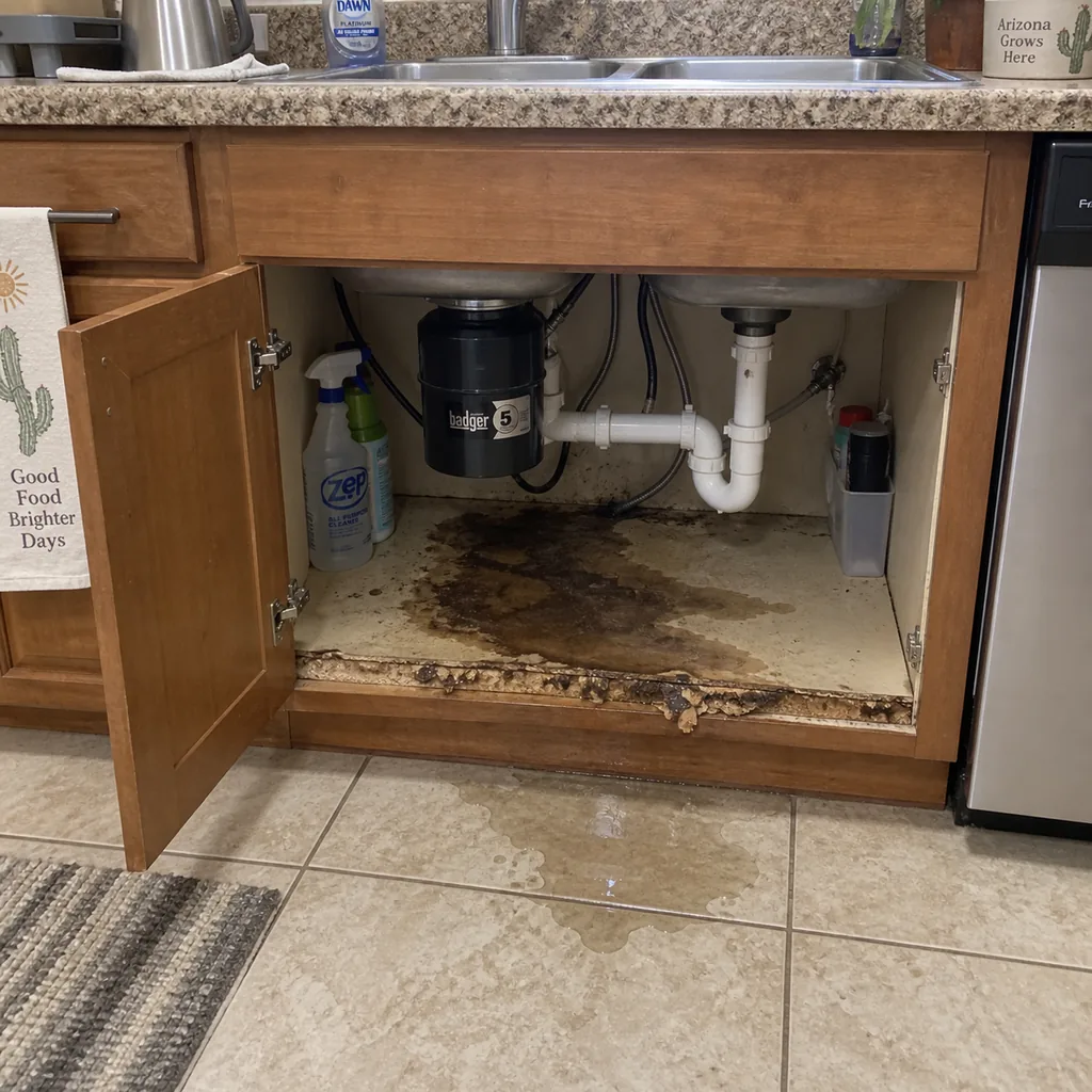 Open cabinet under a Mesa kitchen sink showing a damp stain and swollen board at the base