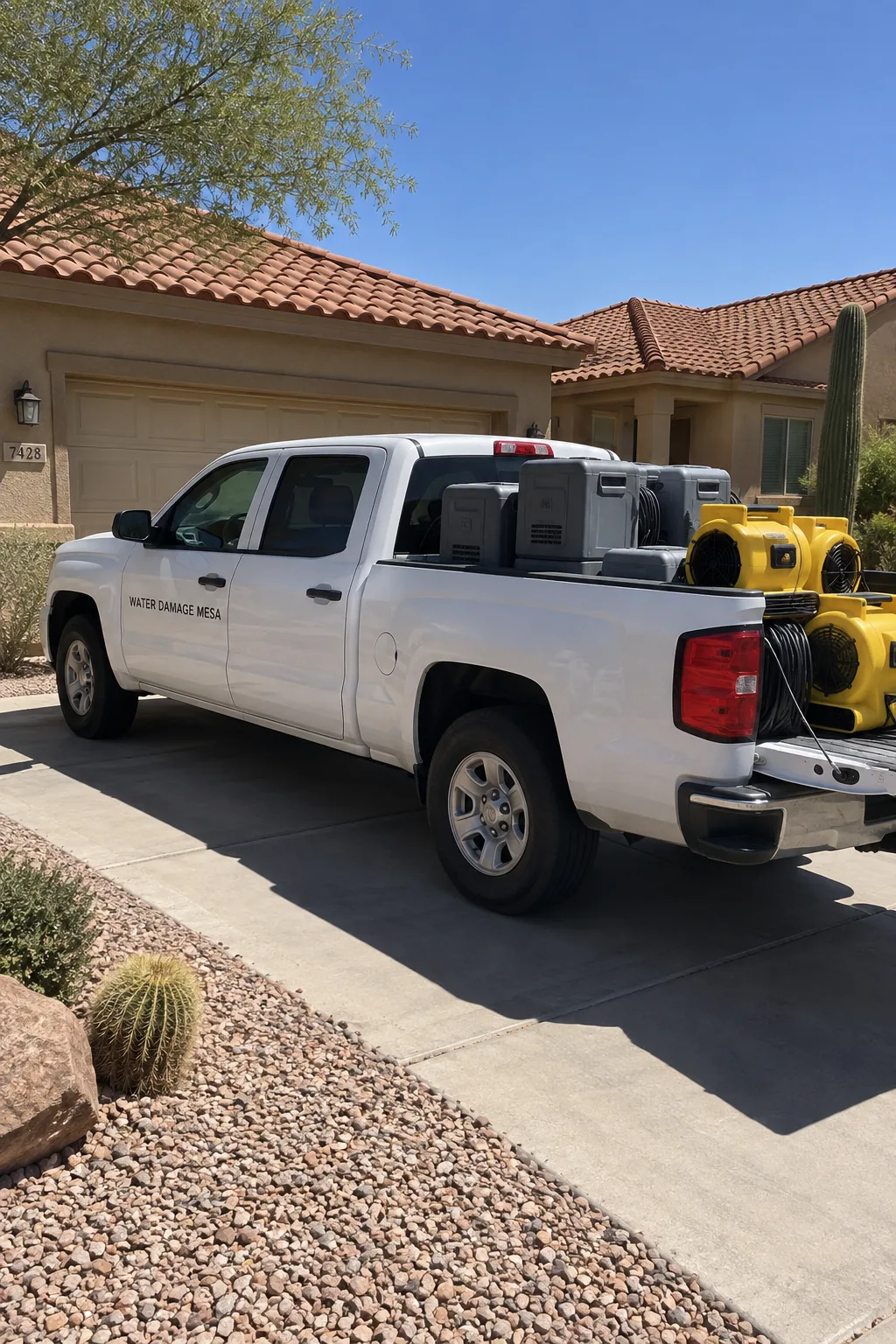 Pickup truck on a Mesa driveway loaded with dehumidifiers and air movers outside a tile-roofed home