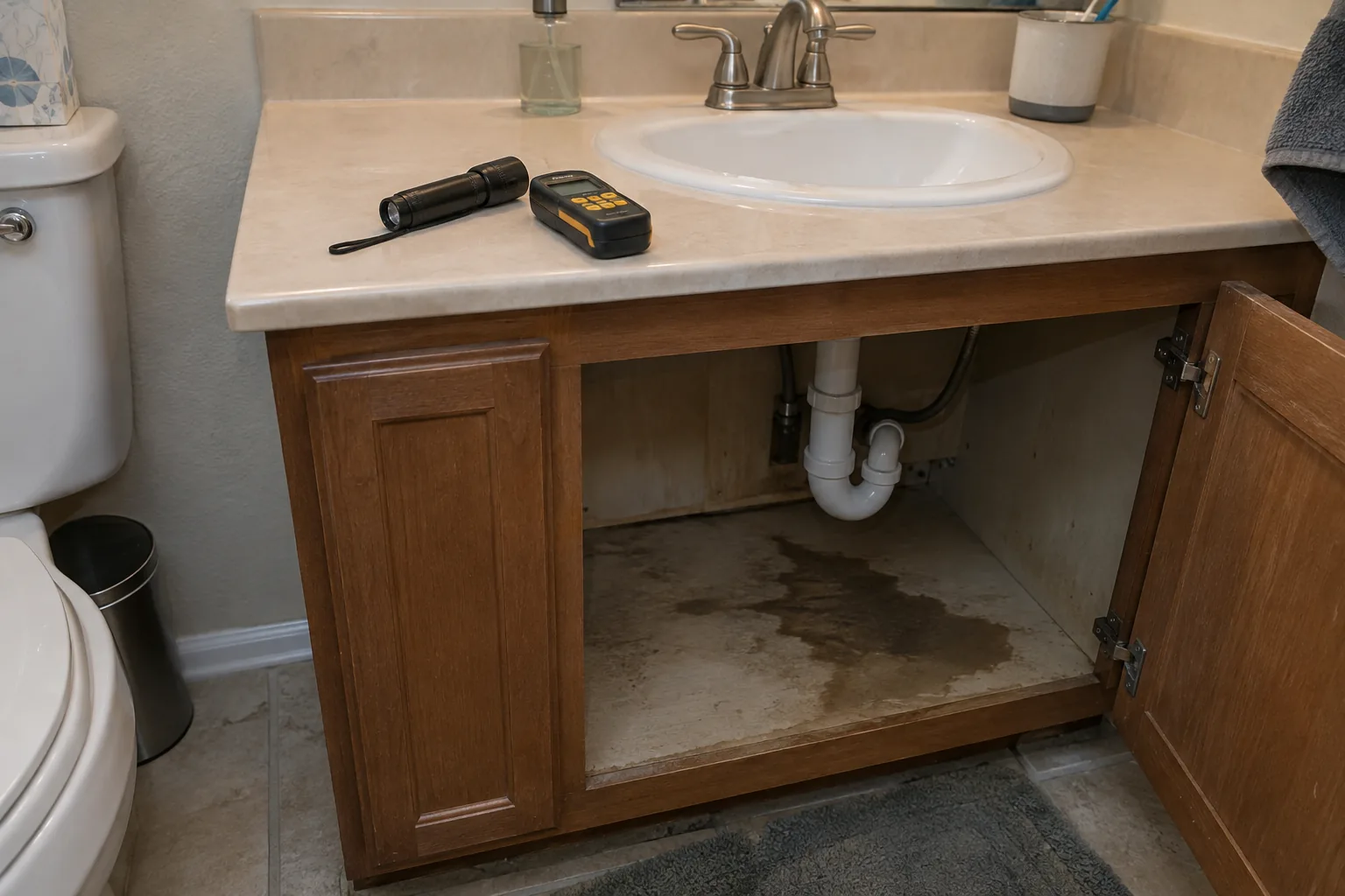 Torch and moisture meter on a Mesa bathroom vanity with the cabinet open showing a damp base panel