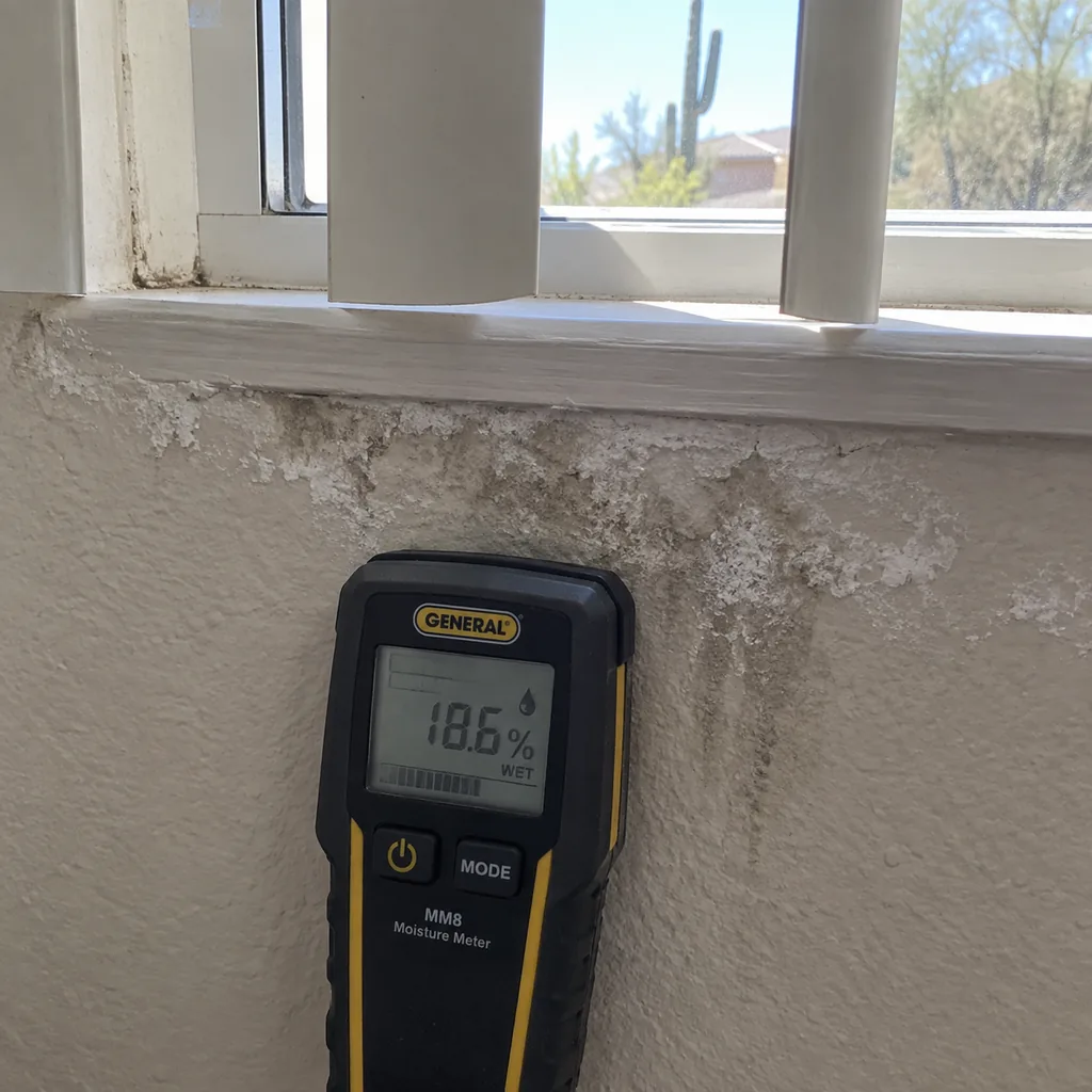 Moisture meter against drywall below a window frame where staining and a chalky bloom have formed
