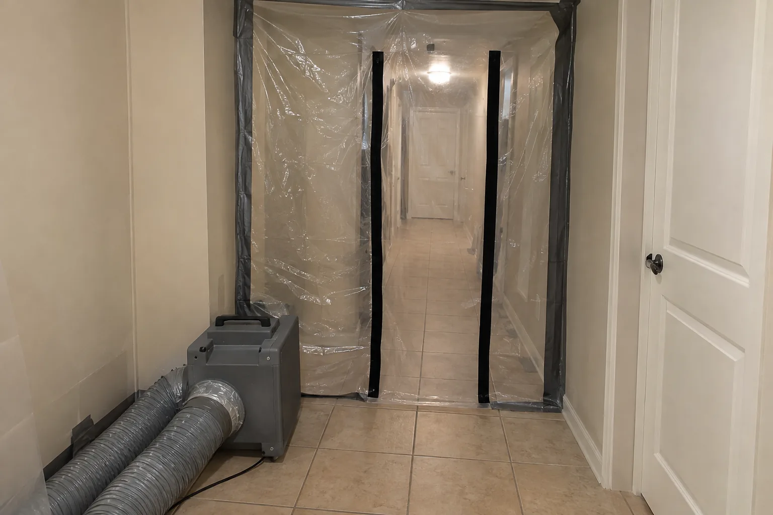 Plastic containment sheeting with a zipped opening sealing a hallway, negative air machine running