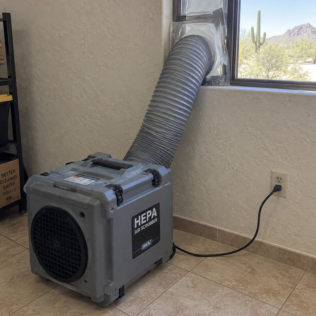 HEPA air scrubber on a tiled floor with ducting routed out through a taped window opening
