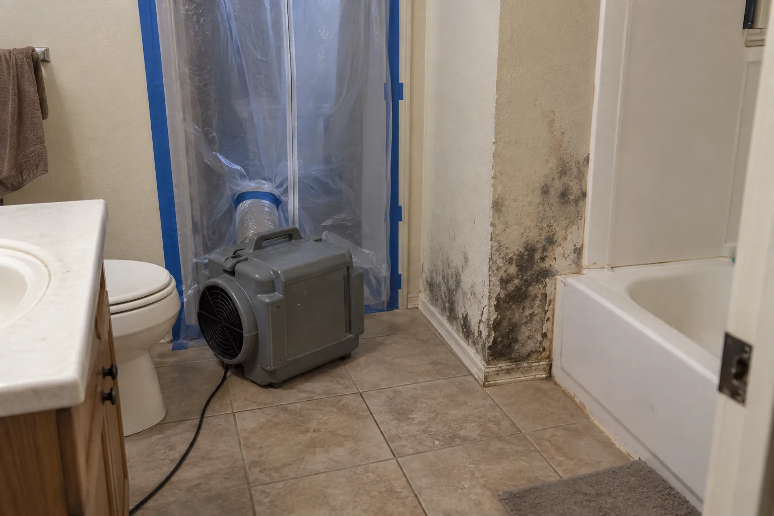 Mesa bathroom sealed with plastic sheeting, mould staining on the drywall beside the bath panel