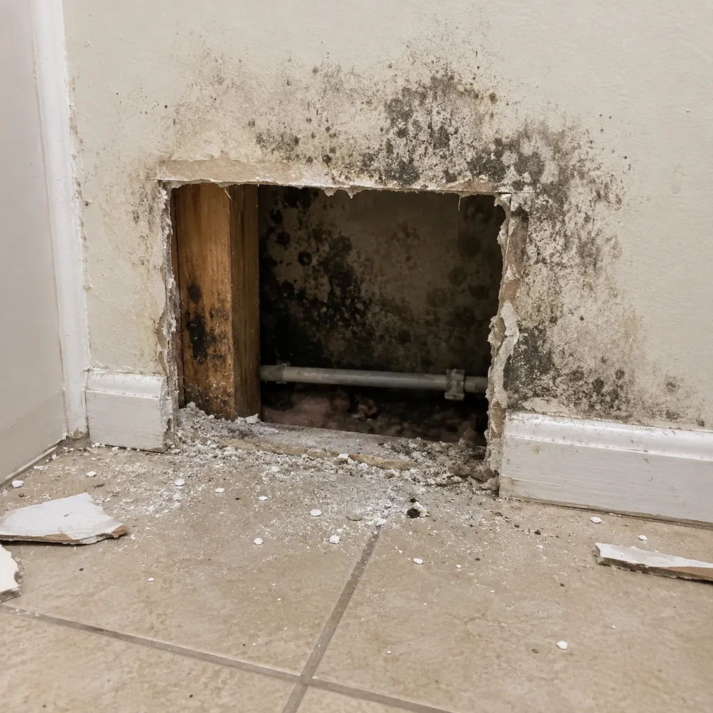 Section cut from a drywall wall with mould staining spreading around the opening