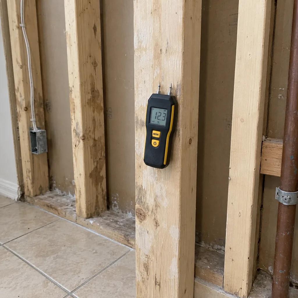 Moisture meter probes pressed into a cleaned wall stud during post-remediation checking