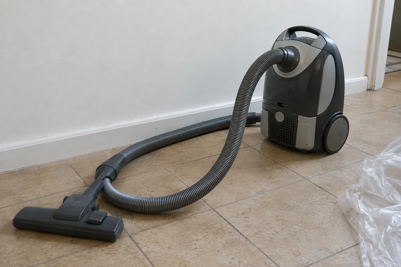 HEPA vacuum standing beside a baseboard on a tiled floor inside a contained work area