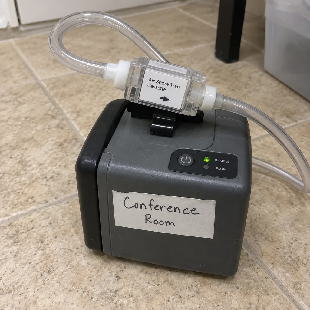 Spore trap cassette clipped to tubing on a sampling pump with a handwritten room label