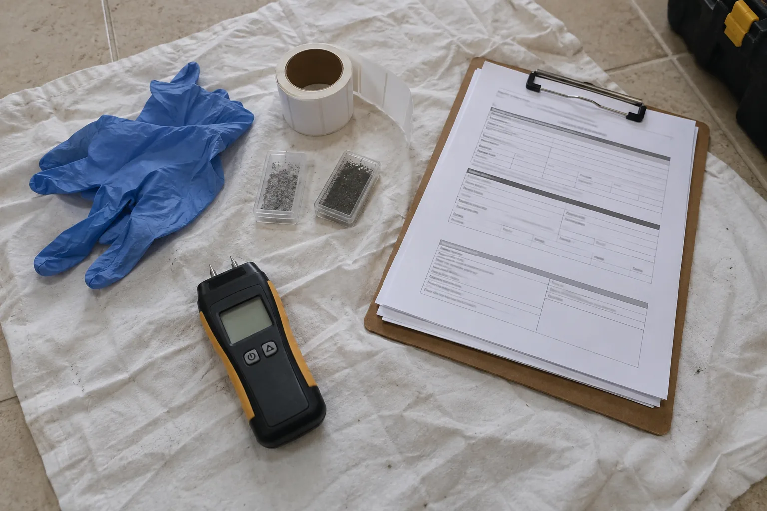 Gloves, sample cassettes, labels, a clipboard form and a moisture meter laid out on a dust sheet