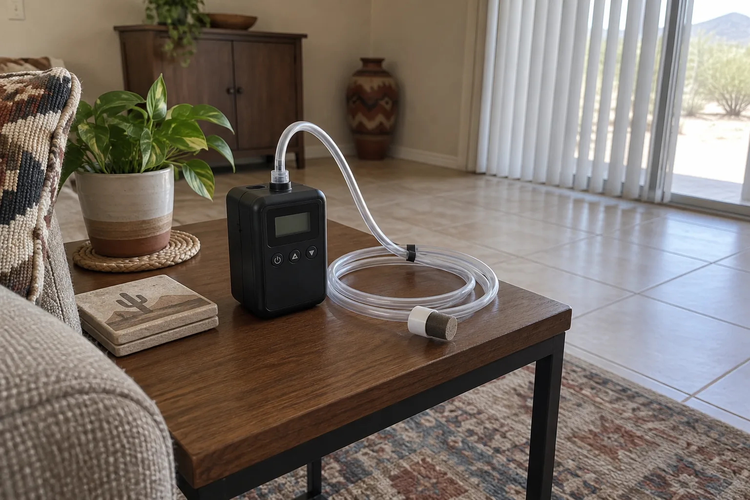 Air sampling pump set on a side table in a Mesa living room with tubing coiled beside it
