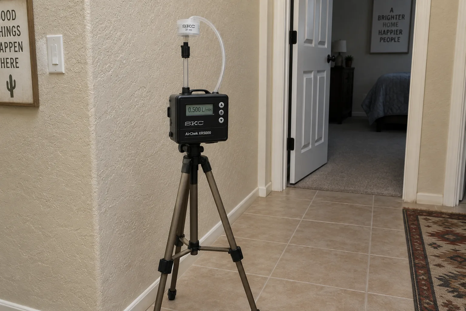 Air sampling pump on a tripod in a Mesa hallway with tubing running to a cassette