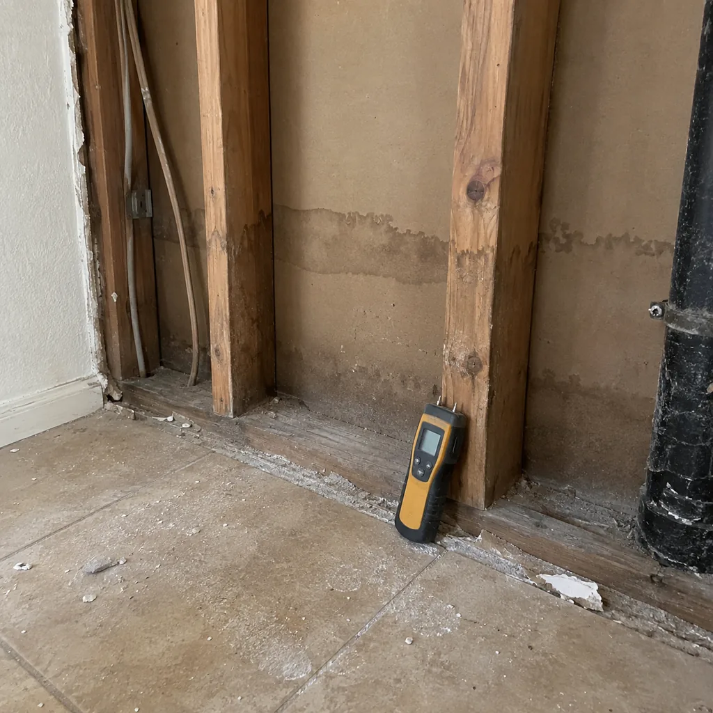 Open wall cavity showing bare studs and a faint water tide line after the lower drywall was removed