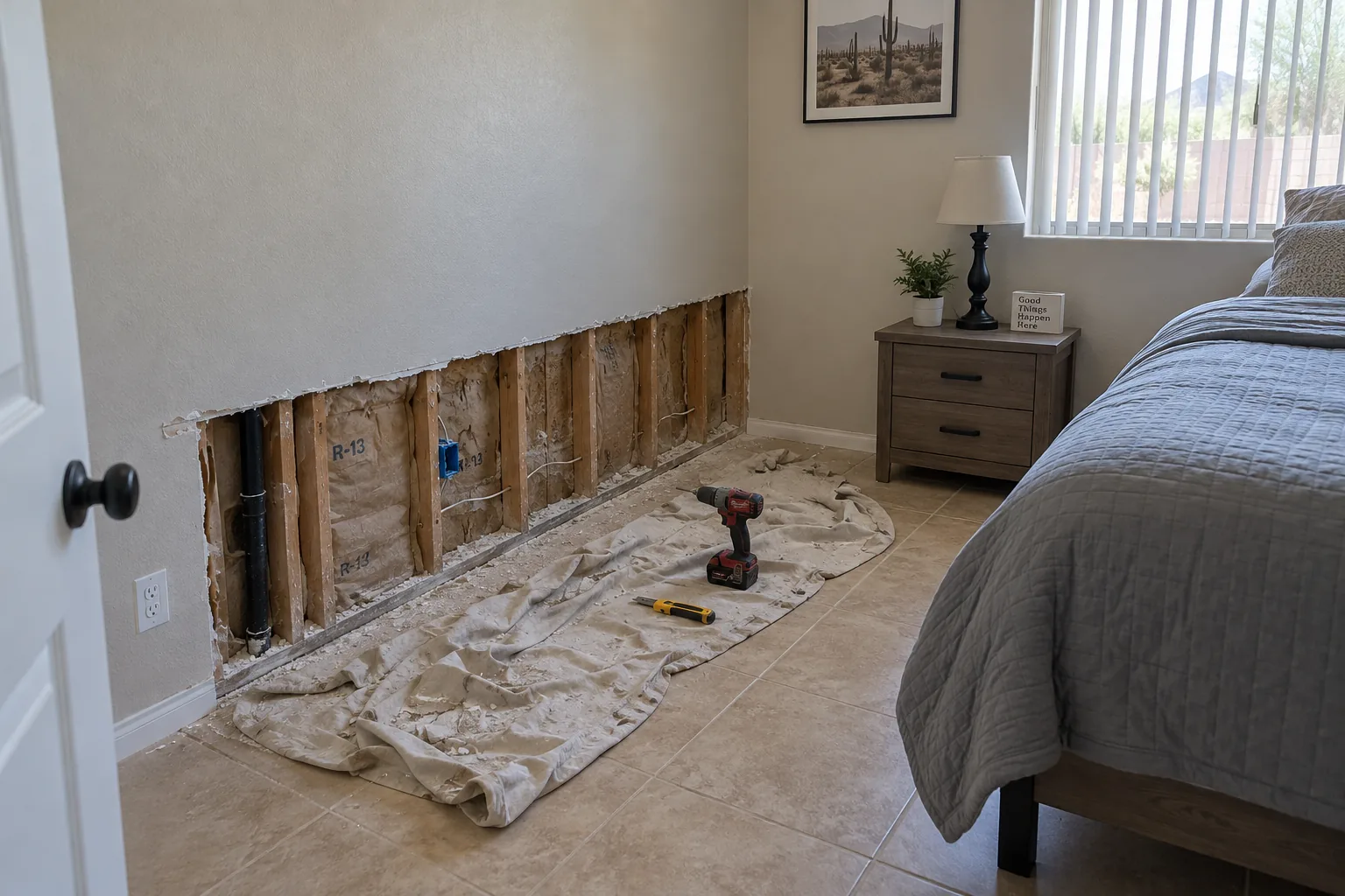 Flood cut in a Mesa bedroom wall exposing studs and insulation, with tools on a dust sheet