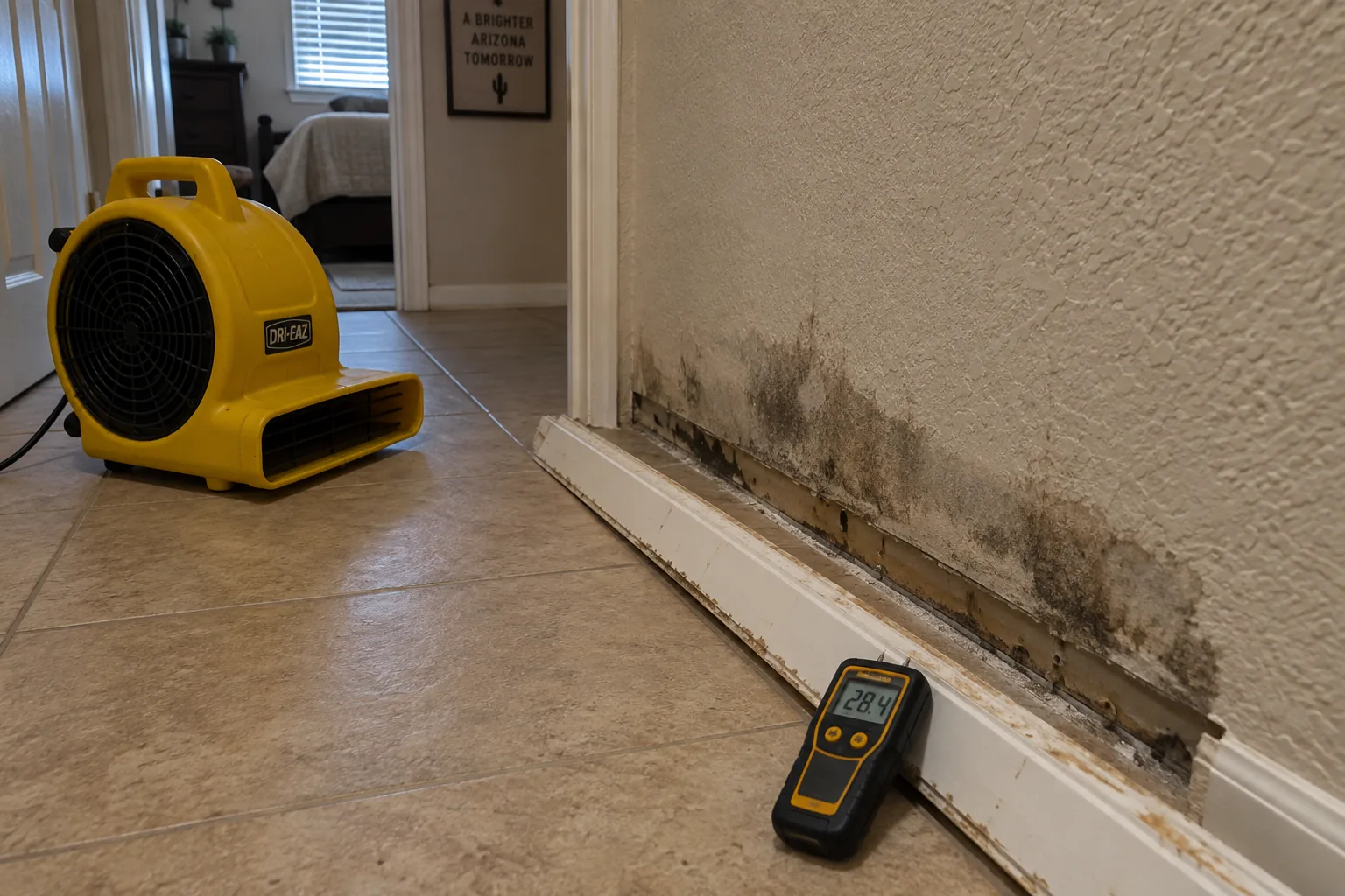 Air mover directed at a hallway wall in a Mesa home with the baseboard pulled away and staining visible