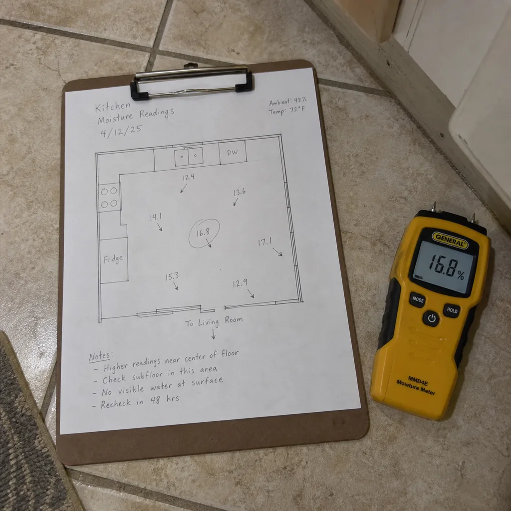 Clipboard with a hand-drawn floor plan and pencilled moisture readings beside a meter on a tiled floor